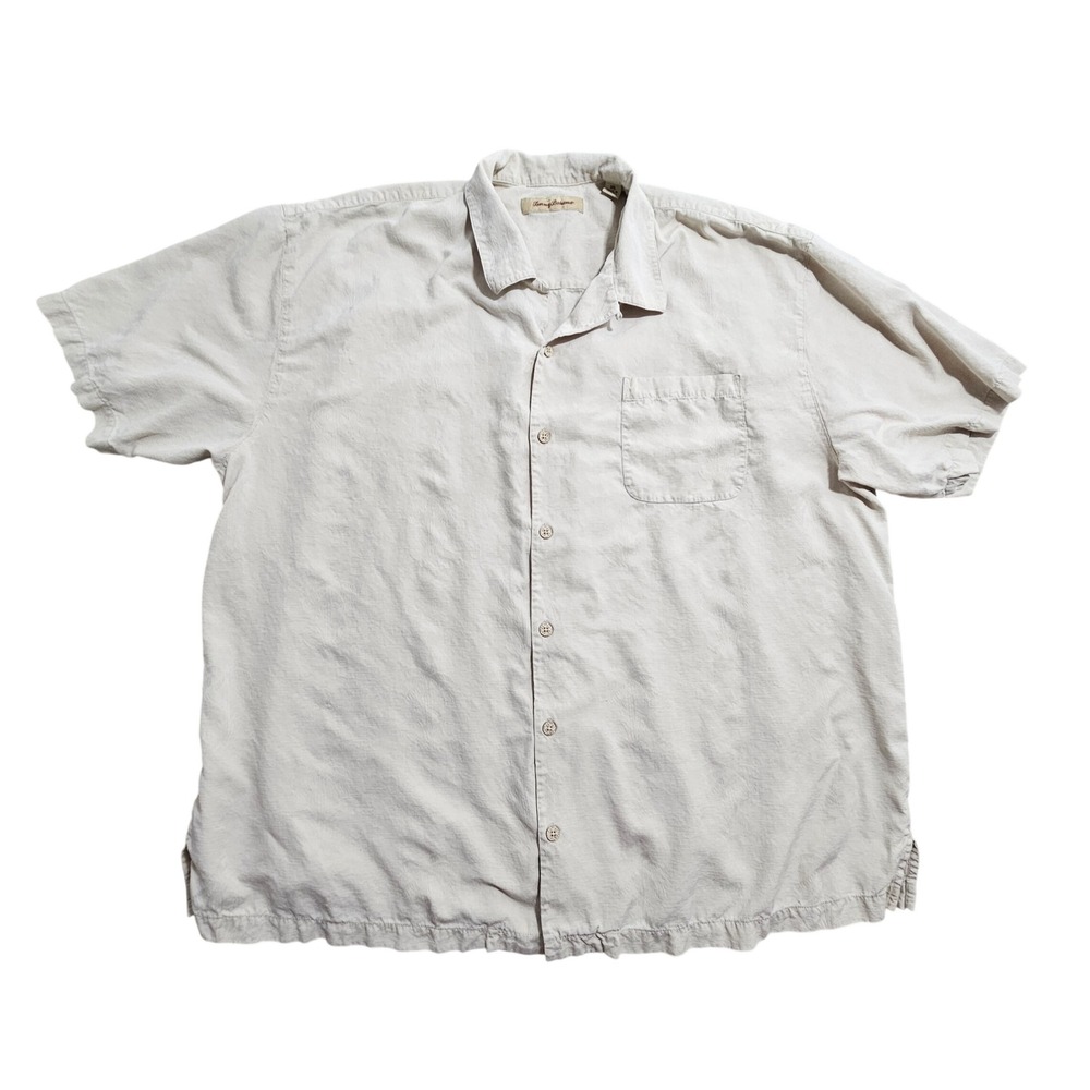 Tommy Bahama Button Down Shirt Mens XXL Beige‎ 100% Silk Palm Leaf Jacquard Loop